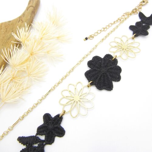 Headband rétro laiton fleur dentelle noire